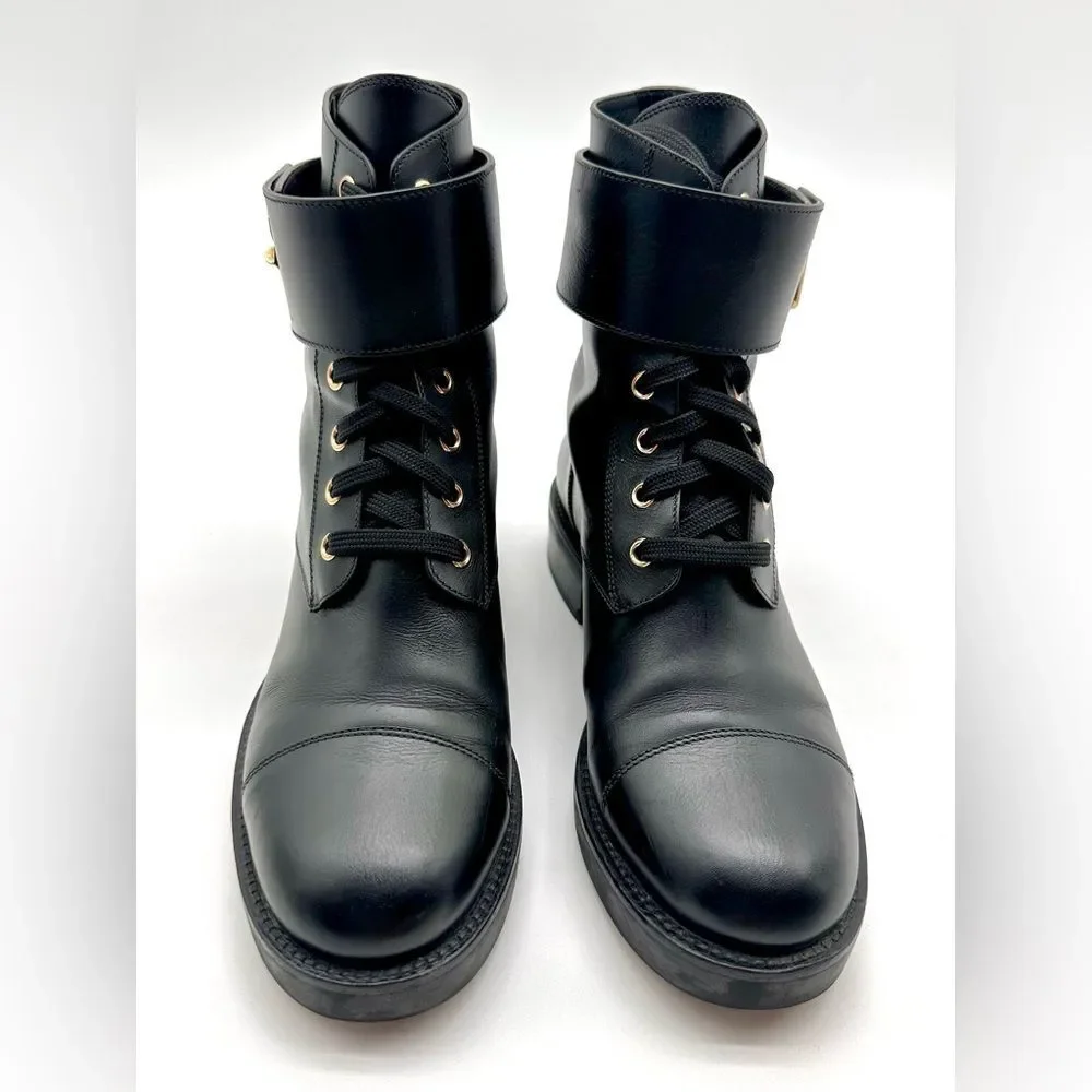 Louis Vuitton Wonderland Ranger Combat Moto Boots Black Leather LV Logo EU 38.5